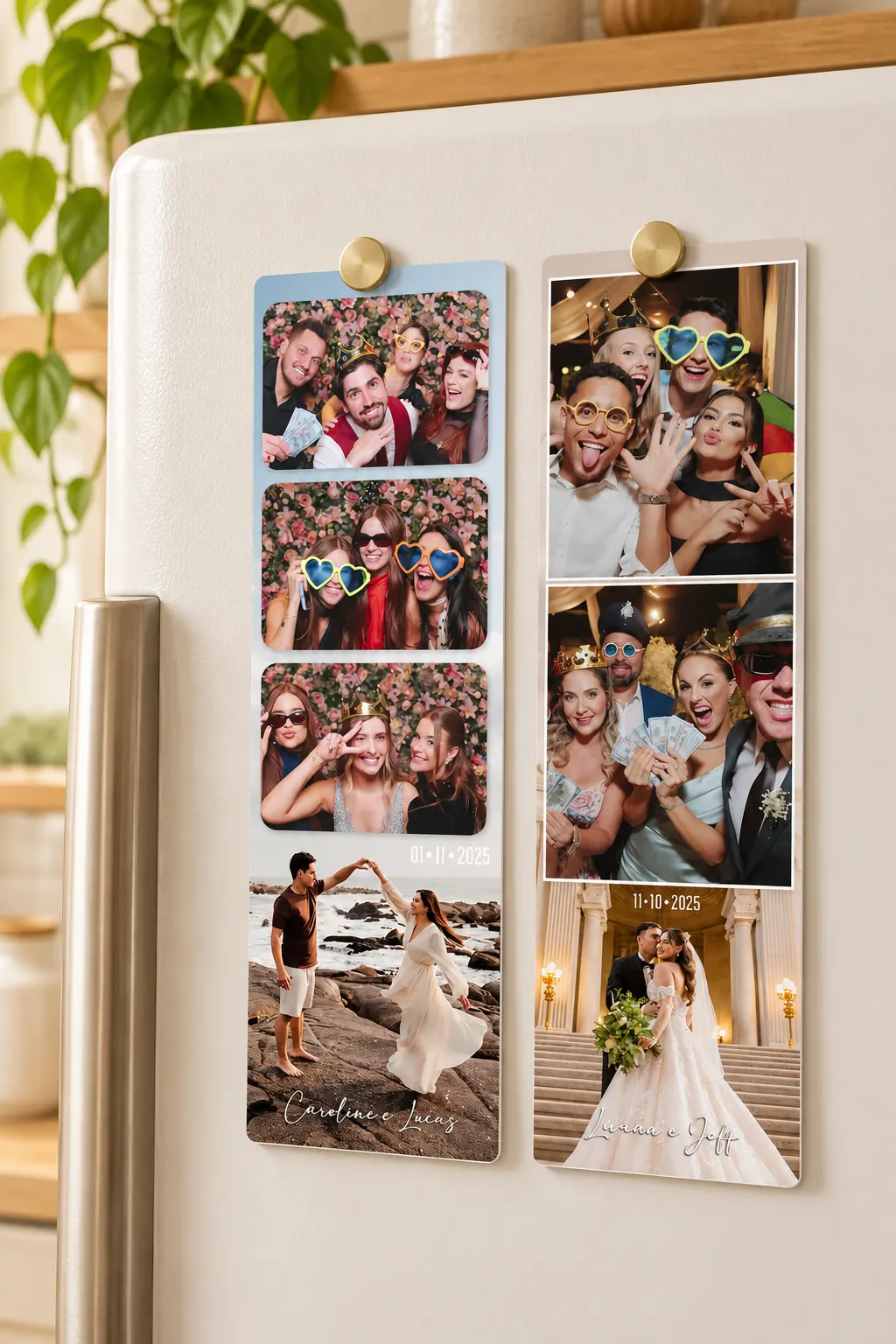 Duas tirinhas de fotos presas por ímãs dourados na porta de uma geladeira