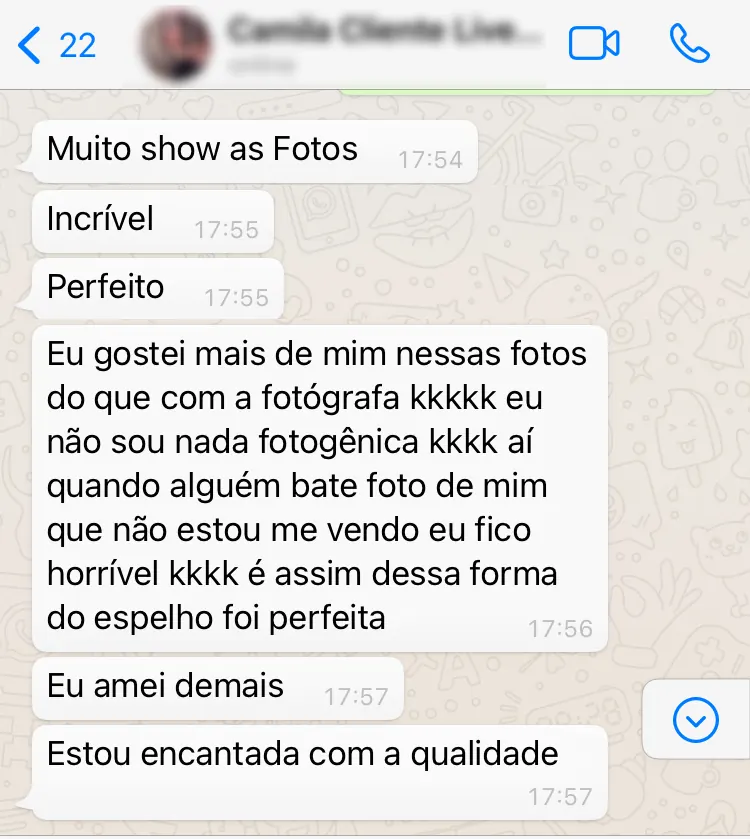 Captura de tela de uma mensagem de cliente: Eu gostei mais de mim nessas fotos do que com a fotógrafa.