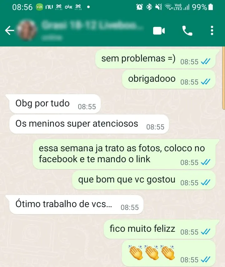 Captura de tela de uma mensagem de cliente: Os meninos super atenciosos. Ótimo trabalho de vcs.