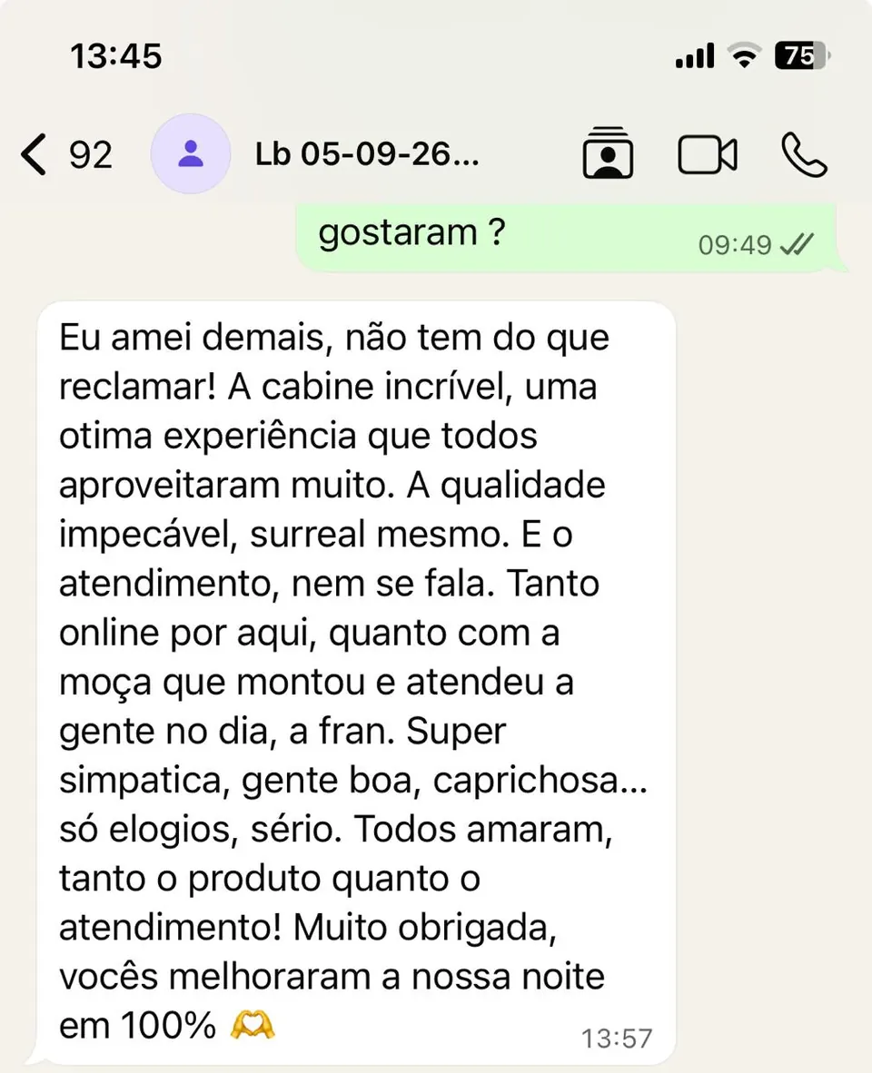 Captura de tela de uma mensagem de cliente: Eu amei demais, não tem do que reclamar. Todos amaram, tanto o produto quanto o atendimento.
