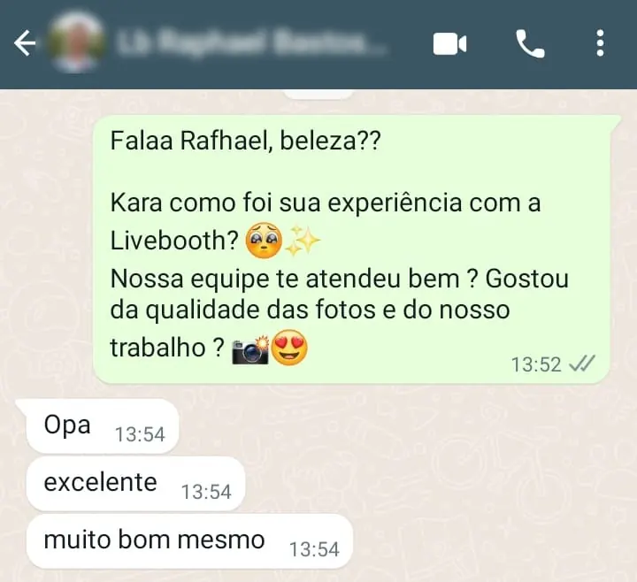 Captura de tela de uma mensagem de cliente: Excelente, muito bom mesmo.