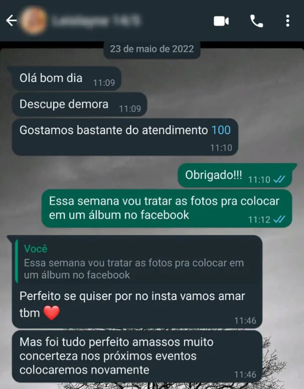 Captura de tela de uma mensagem de cliente: Gostamos bastante do atendimento. Foi tudo perfeito.