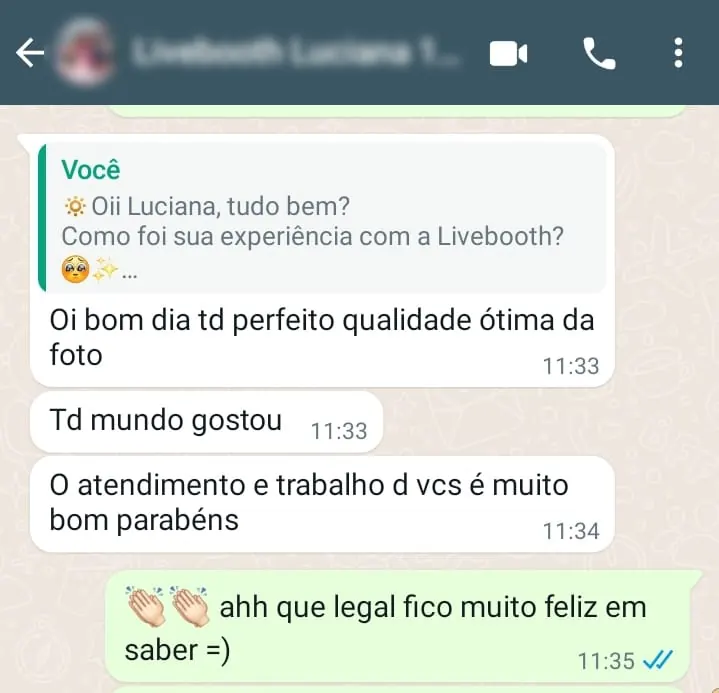 Captura de tela de uma mensagem de cliente: Tudo perfeito, qualidade ótima da foto. Todo mundo gostou.