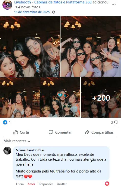 Captura de tela de uma mensagem de cliente: Meu Deus que momento maravilhoso, excelente trabalho. Com toda certeza chamou mais atenção que a noiva haha.
