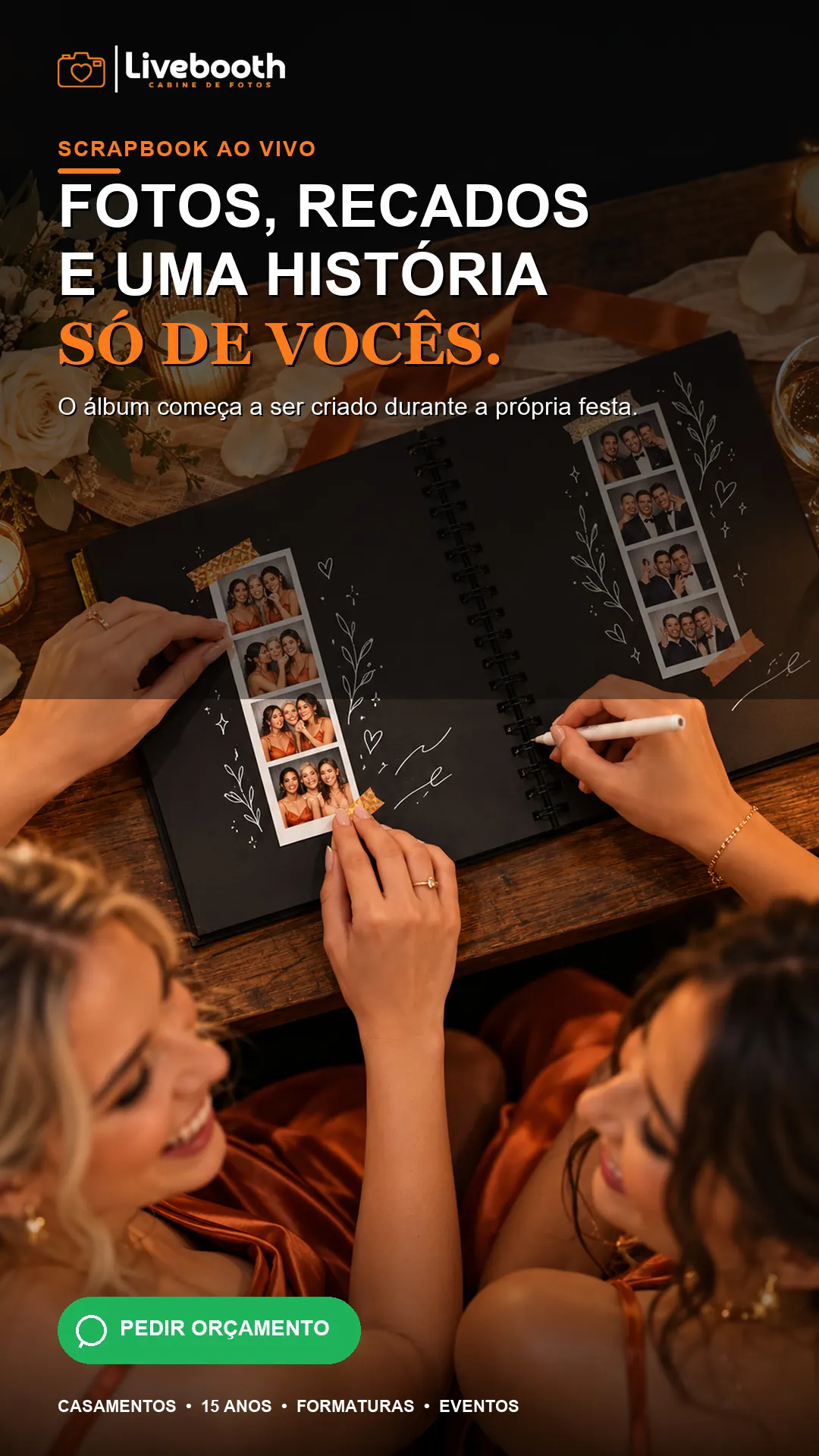 Scrapbook preto aberto com uma tirinha de fotos colada e uma dedicatória escrita à mão
