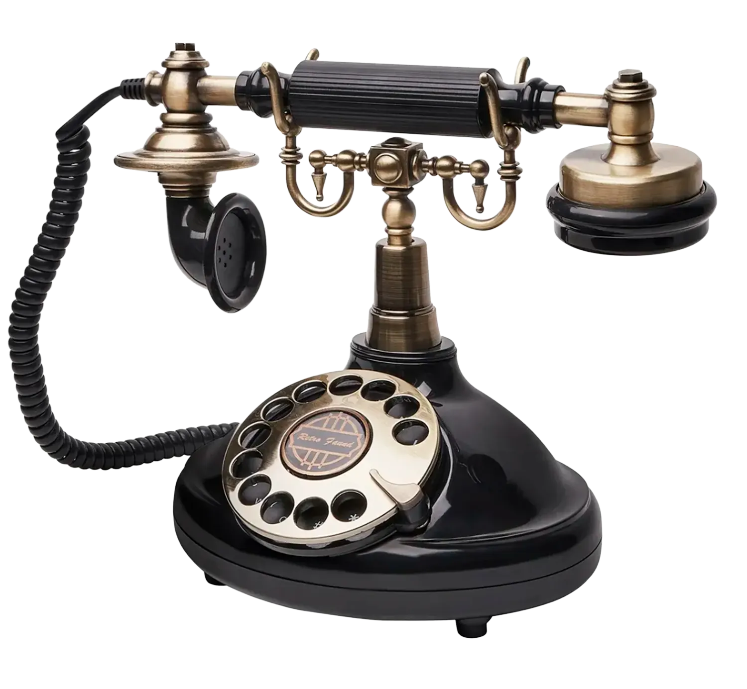 Telefone vintage preto com teclas redondas e fone cromado, o telefone de recados
