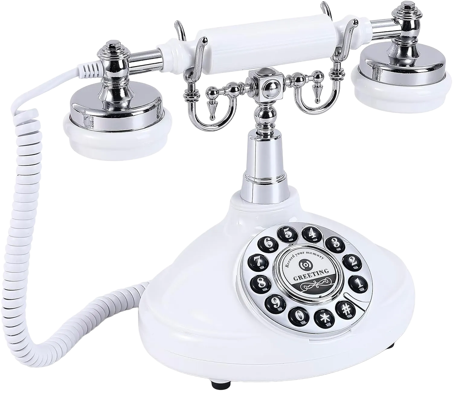 Telefone vintage branco com teclas redondas e fone cromado, o telefone de recados