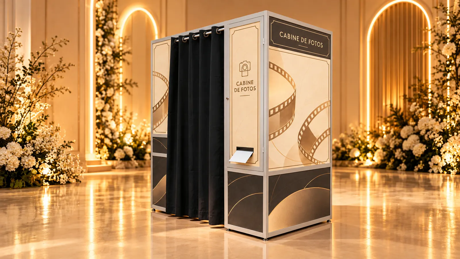 Cabine Tradicional com cortina escura e painéis personalizados em um evento